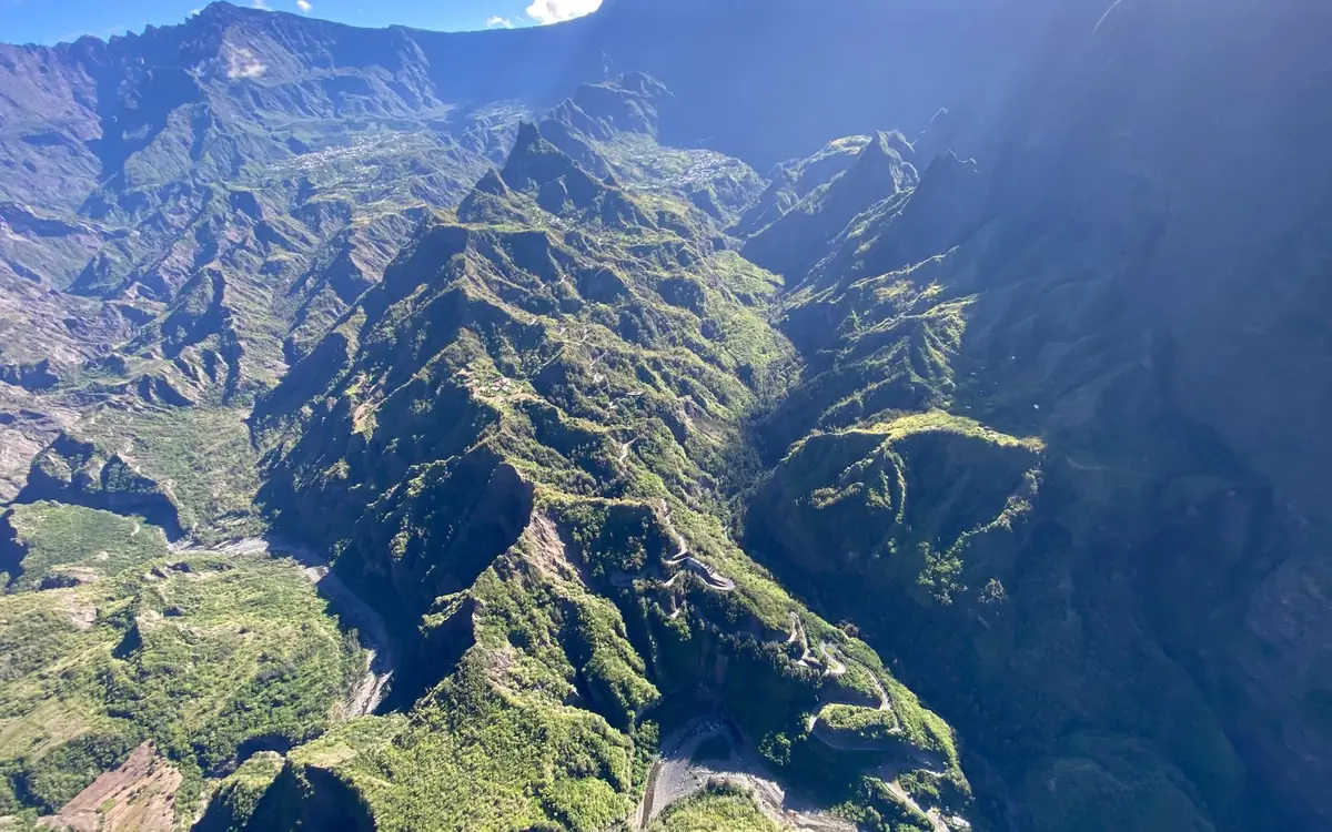 Ridges and ravines of the Reunion interior seen from a helicopter